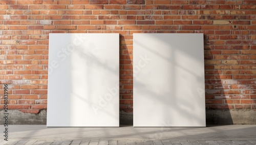 Two smooth canvases standing against a red brick wall setting