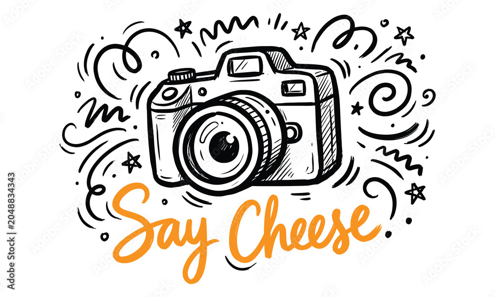 Obraz premium Vintage Photo Camera Sketch Hand Drawn Doodle Say Cheese Slogan Artwork Icon