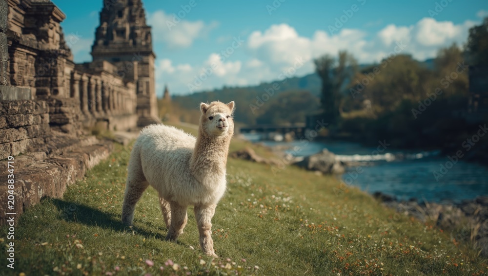 Obraz premium Joyful alpaca playing on lush green grass beside famous ancient stone structures and river