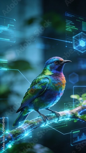 Generative AI depicts a vibrant bird integrated with futuristic digital interfaces
