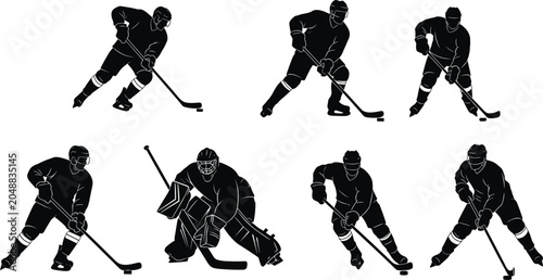 Billede på lærred Silhouettes of ice hockey players in action poses, symbolizing teamwork, athleti