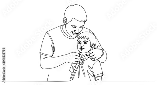 Photos Father tying a tie on his son, one line drawing, concept of family bonding and l