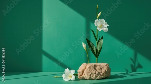 White Flower Still Life On Rock With Green Minimal Background And Natural Light Shadows