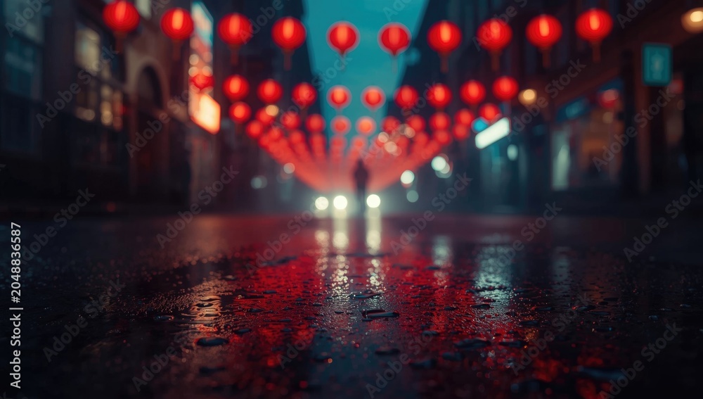 Fototapeta premium Red lanterns and neon light reflections create a moody defocused abstract background on wet street