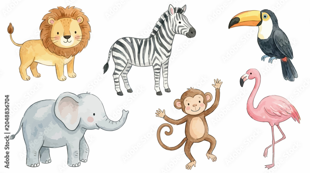 Fototapeta premium Adorable savanna wildlife bundle showcasing lion, zebra, toucan, elephant, monkey, and flamingo painting. Minimalist naive drawing set with childish artistic aesthetic isolated elements.