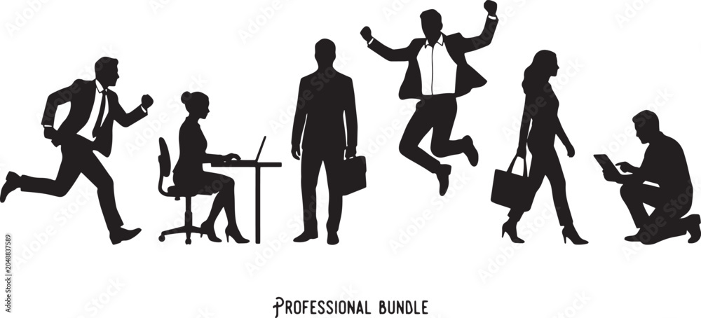Obraz premium Businessmen and businesswomen are shown in various professional poses, including walking, jumping, sitting, and working.