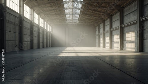 Vast warehouse room glowing with natural light filtered through high windows and overhead skylight