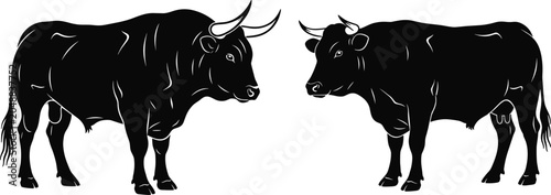 Photos Two bull silhouettes facing each other, emphasizing muscular bodies, prominent h