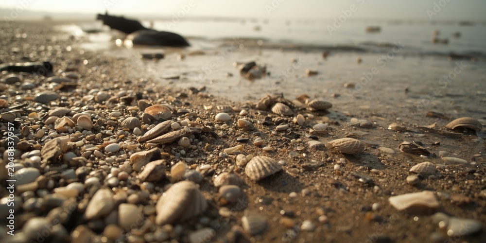 Obraz premium Sandy riverbank adorned with seashells impacted by receding river tide