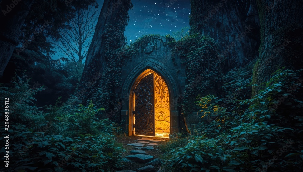 Naklejka premium High quality artwork showing a fantasy door nestled in woodland with shining stars above
