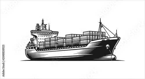 Photos Vintage Cargo Ship Loaded with Containers Illustration.