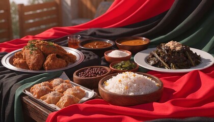 Vibrant Juneteenth celebration table featuring red, green, and black fabric draped over a delicious spread of traditional soul food, symbolizing freedom, heritage, and community in photorealistic