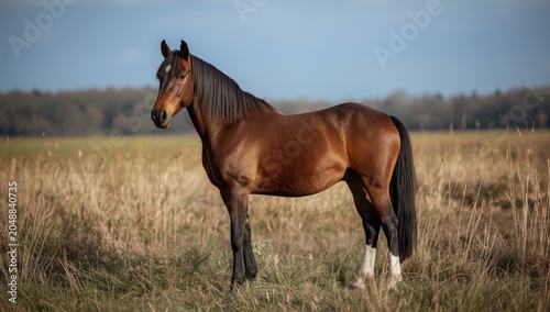 Natural outdoor portrait of an Irish Cob horse standing tall