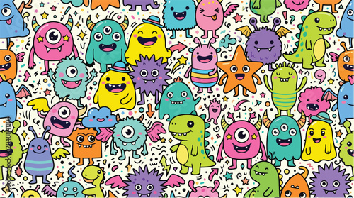 Foto A colorful illustration of various cartoon monsters and creatures with different eyes and expressions are gathered in a lively scene