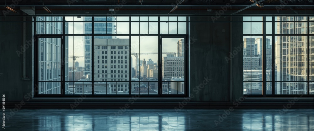 Obraz premium Open loft style office interior with transparent window overlooking urban scene