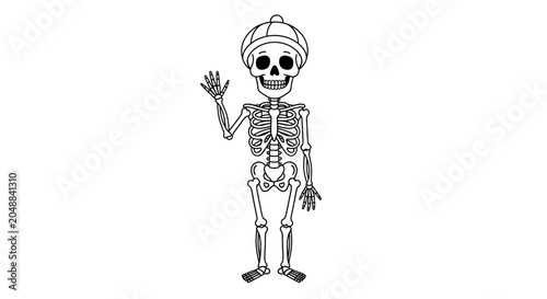 Photography Cartoon Skeleton Waving Hello with Hat, Black and White Illustration