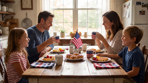 Family sits at a wooden dining table enjoying a patriotic breakfast together in a cozy kitchen, featuring American flags, waffles, berries, and mugs while engaging in warm morning conversation.