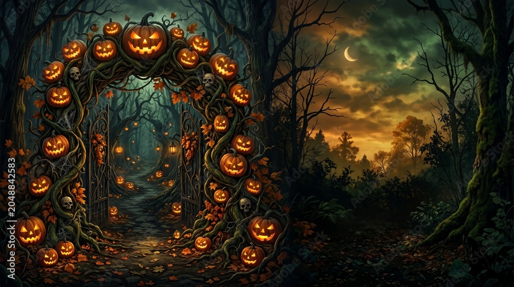 Fototapeta premium Spooky halloween night with glowing jack o lanterns in a dark forest