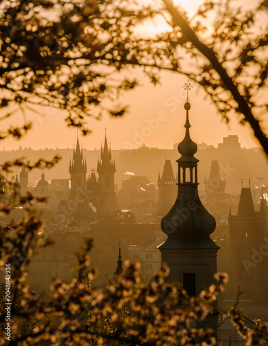 Photography Majestic skyline of Prague at sunset revealing intricate architecture and warm h