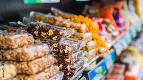 Close up of various protein bars displayed on shelves for sale