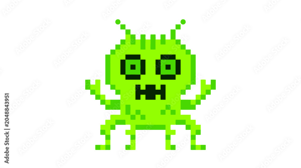 Fototapeta premium Pixel Art Green Alien Monster Character, Retro Video Game Style