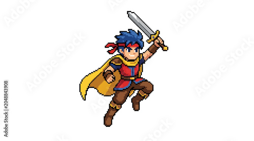 Pixel Art Hero with Sword and Cape, Retro Gaming Character