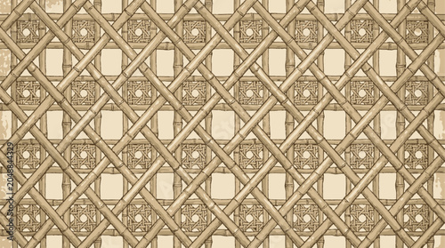 Ornate traditional Chinese bamboo lattice featuring intricate cane webbing, vintage geometric ornament pattern, classic oriental wooden craftsmanship, aesthetic asian texture illustration.