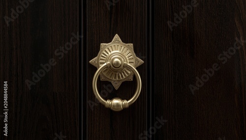 Luxurious gold plated brass door knocker over dark wooden entrance