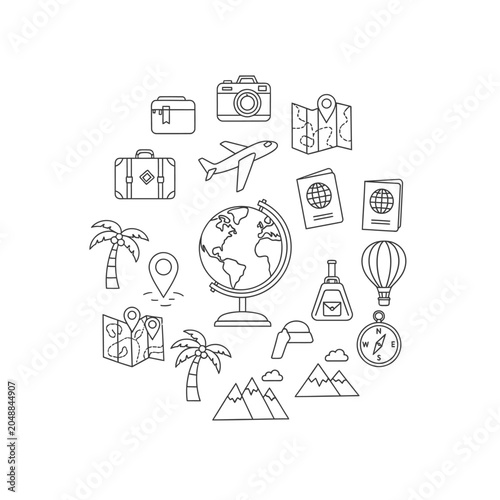 Globe with travel related icons around.