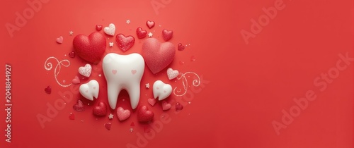 Valentines day dental card featuring white teeth and love hearts on red