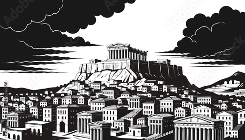Foto Very beautiful black-and-white engraved vector illustration featuring Athens and