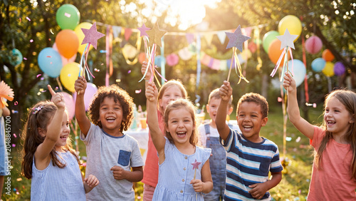 Children celebrate a vibrant birthday party in a sunlit garden, holding colorful star wands while laughing and standing together under a canopy of festive floating balloons and bunting.