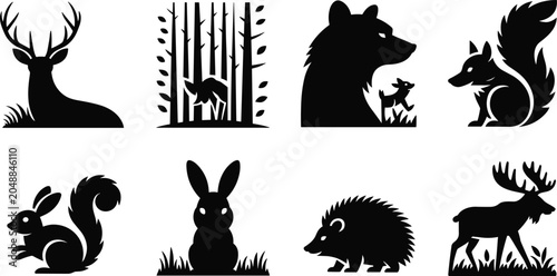 Canvas Print Woodland animal silhouette vector set with deer, bear, fox, and forest wildlifeW
