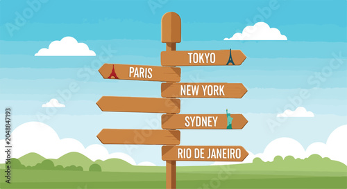 Tableau sur toile A signpost with city names and landmarks