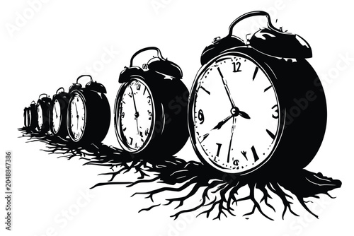 Canvastavla Black and white vector illustration of alarm clocks growing roots from ground