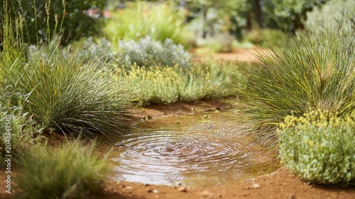 tolerant. A desert spring bubbling clear water, surrounded by drought-tolerant plants. ESG reports, sustainability campaigns, designed for environmental awareness campaigns, used by web designers.