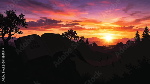 Tablou pe pânză Open book showing The End on cliff edge at dramatic sunset overlooking landscape