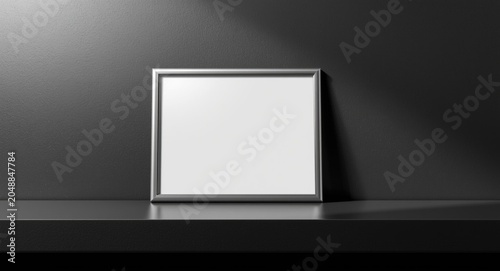 Empty horizontal diploma frame mockup on black shelf surface with soft studio light backdrop