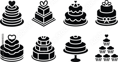 Bilde på lerret Collection of diverse black vector cake icons and cupcake illustrations isolated