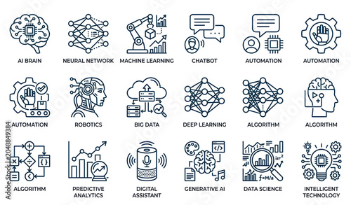 Artificial Intelligence and Machine Learning Line Icon Set