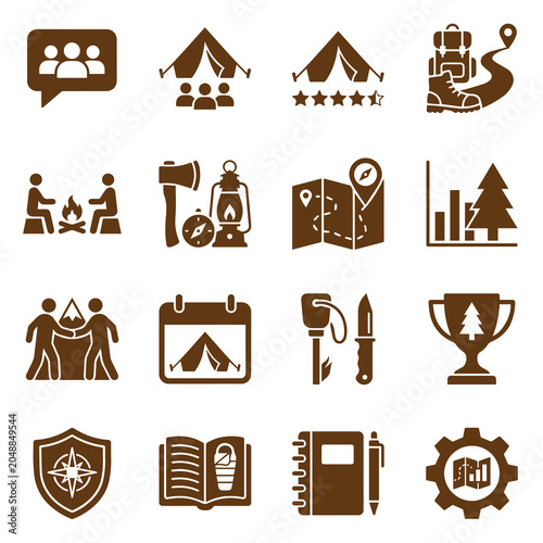 Foto Set of camping and outdoor adventure travel icons with adventure, outdoors