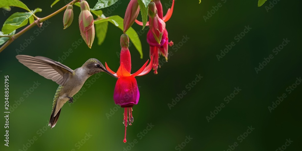 Fototapeta premium Lively hummingbird feeding on blooming fuchsia plant in daylight