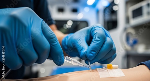 Blue Gloved Medical Worker Inserting Intravenous Catheter Into Patient Arm in Clinical Setting