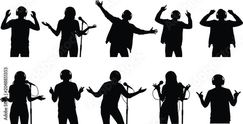 Bild auf Leinwand Silhouettes set of vocalists and DJs wearing headphones singing with microphones