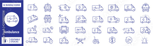 Photos 32 Ambulance Vector Outline Icons Set – Editable Black Line Symbols Collection, Modern UI UX Icon Bundle, Isolated on White Background
