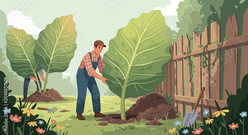Farmer Measuring Young Tree Growth in Vibrant Garden Setting