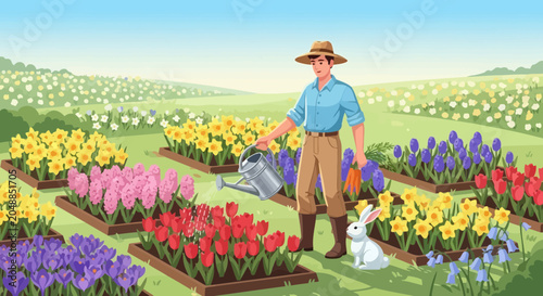 Farmer Watering Vibrant Flower Garden in Sunny Countryside