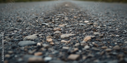 Rugged asphalt road close up showing coarse texture and scattered stones for transportation themes