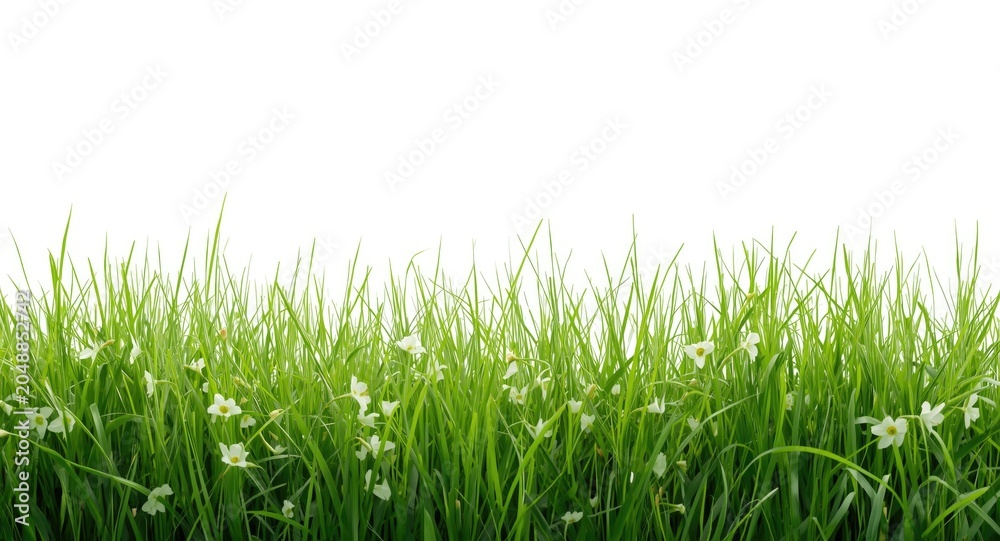 Obraz premium Panoramic view of bright green grass with delicate white flowers on a white background