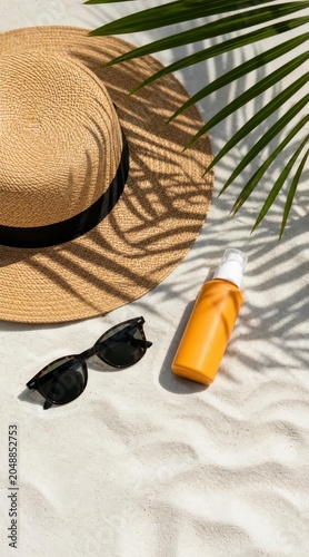 Luxury beach accessories on white sand